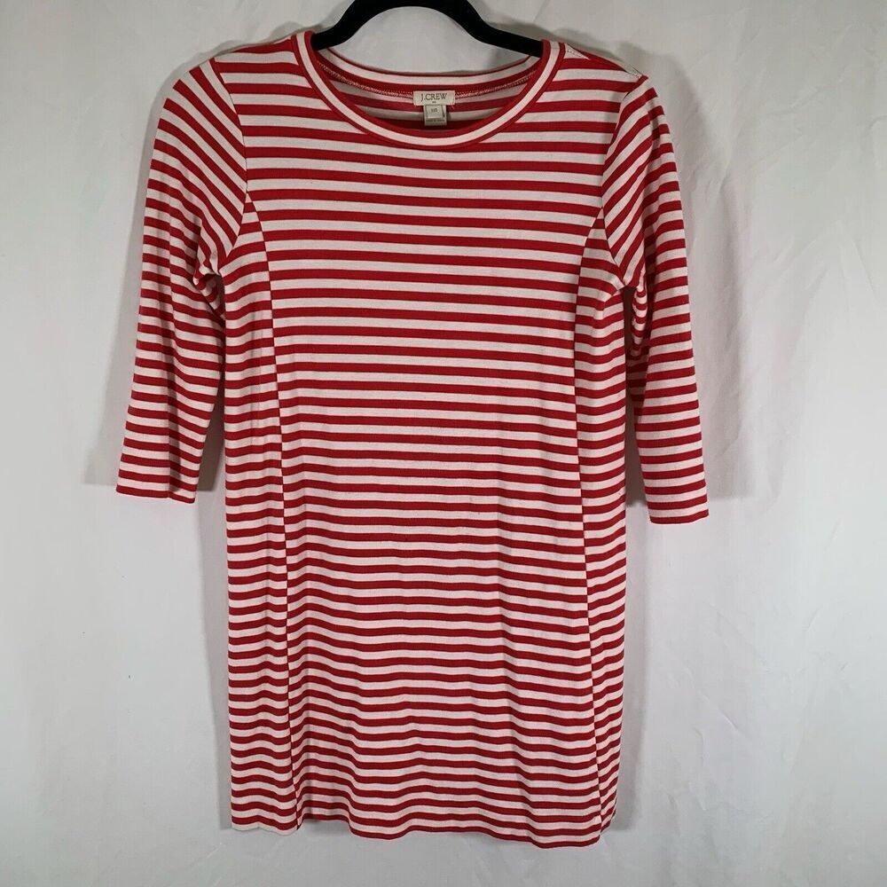 J. Crew Mini Dress Women's XXS White Red Striped 3/4 Sleeve Round Neck Pullover